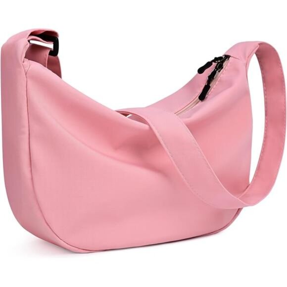Mini Crescent Bag with Adjustable Strap, 2 Zippers Lightweight Nylon Bag - Rose - Picture 7 of 7
